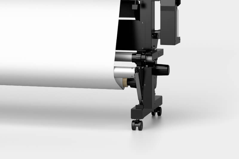 Изображение, демонстрирующее принтер DGXPRESS ER-642 от Roland DG с фокусом на встроенный блок подмотки