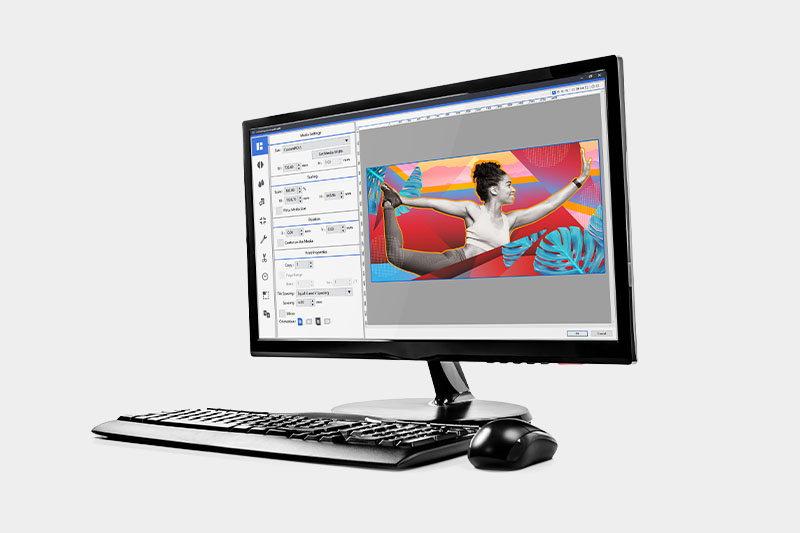 На дисплее компьютера отображается программное обеспечение VersaWorks 6 для обработки растровых изображений