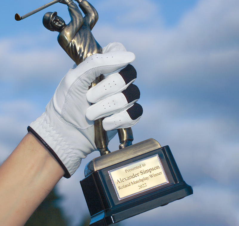 Someone holding a golf trophy