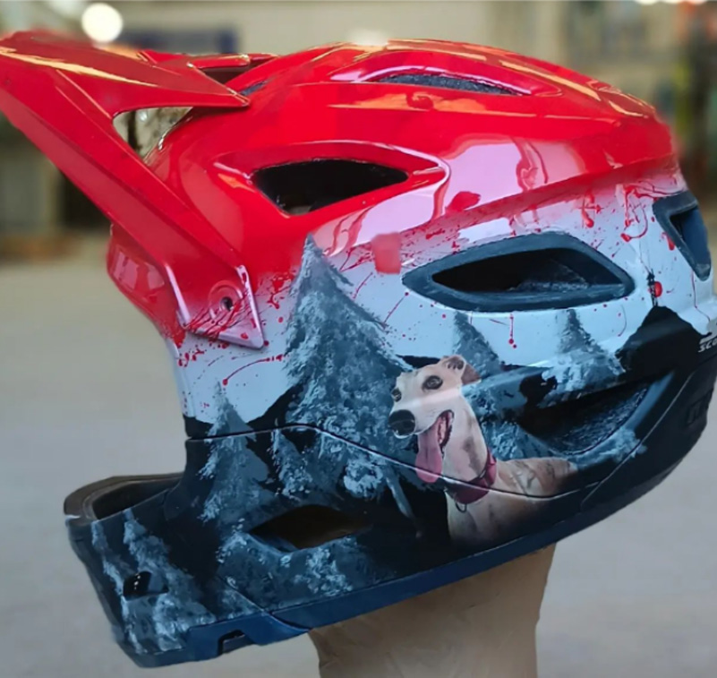 A red and black personalised motorcycle helmet with a dog on it