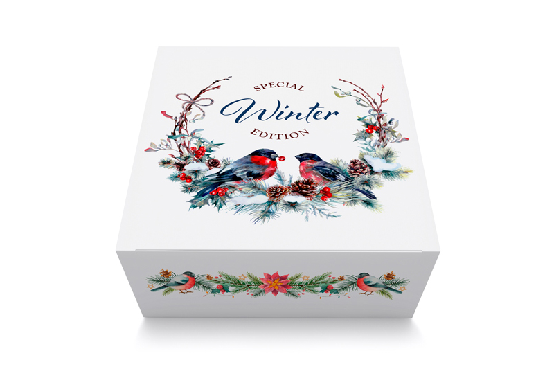 Seasonal folding carton with fine details and bright colours