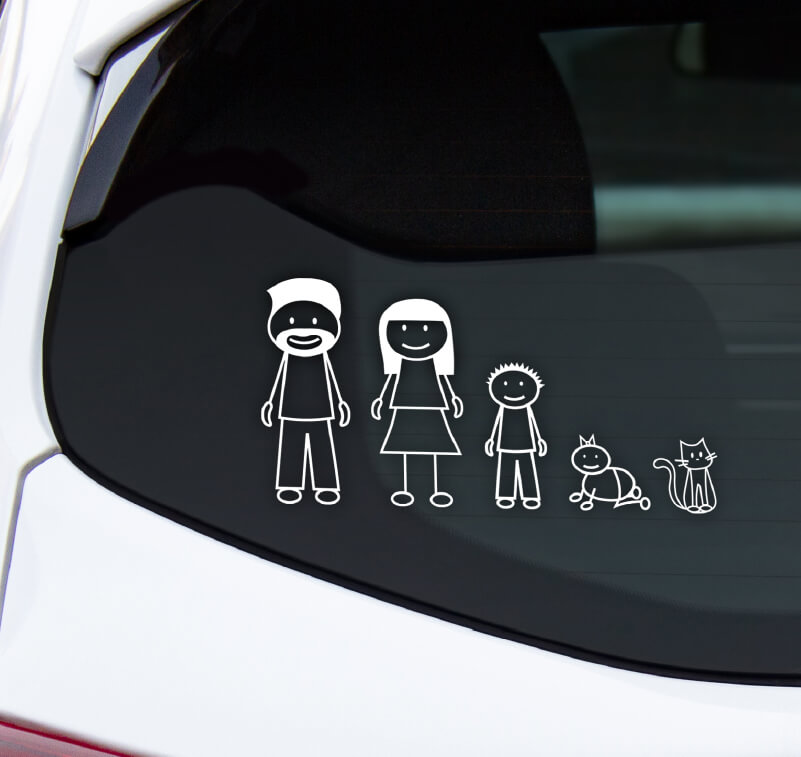 Car window sticker featuring stick figures