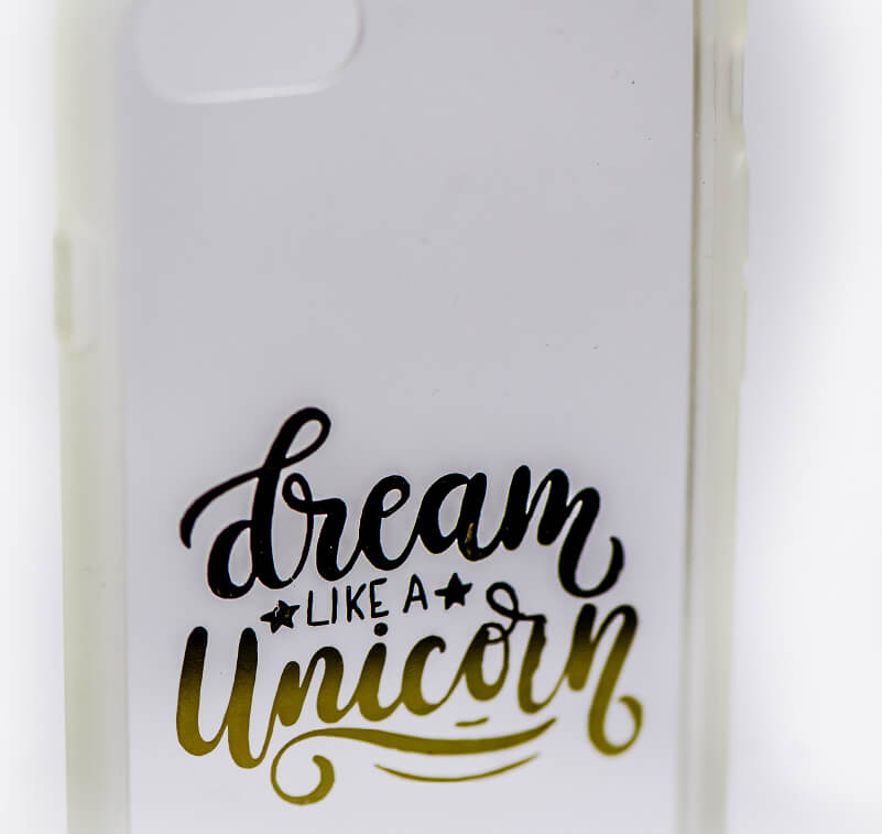 Custom text applied to a phone case using foil