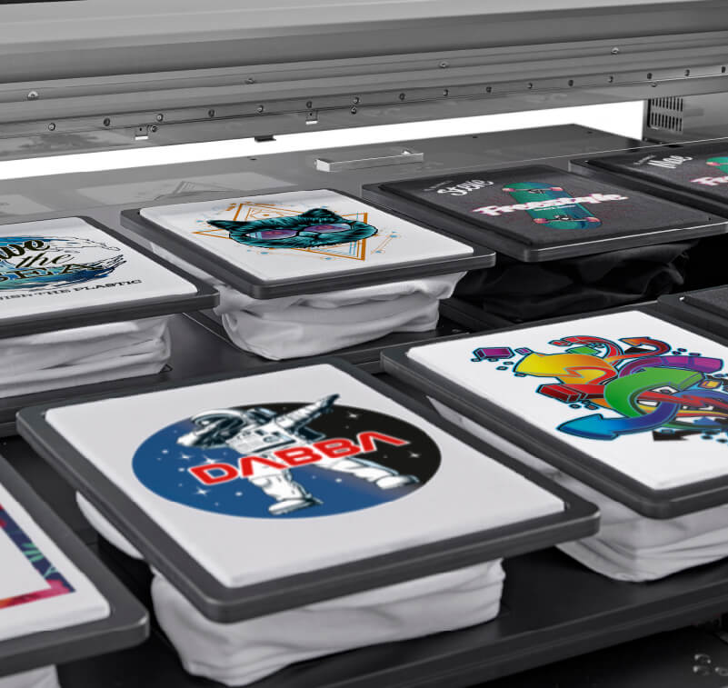 Close up of t-shirts on a DTG printer