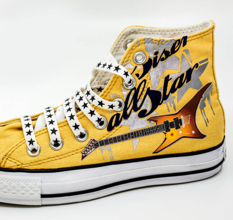 A shoe with heat-applied printed graphics