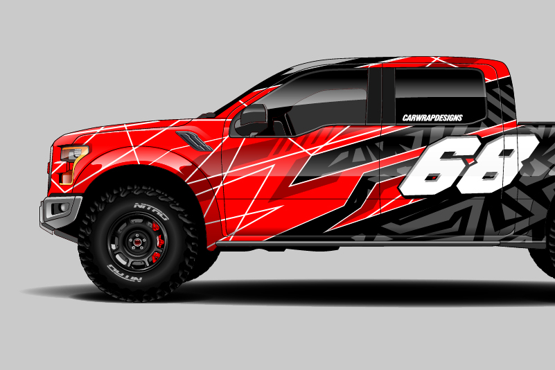 Illustration of a truck featuring red and black printed graphics