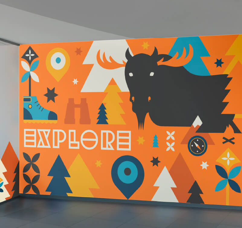 Décoration murale imprimée numériquement dans le hall d’entrée d’une entreprise