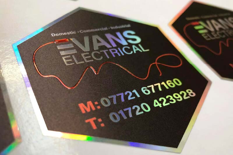 UV printed sticker on holographic media with gloss details 