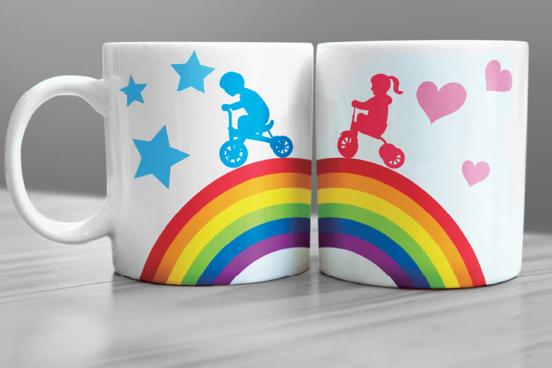 Two coffee mugs printed using dye sublimation