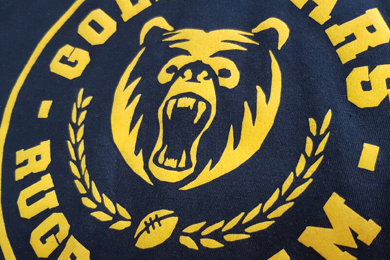 Close up of a rugby logo printed on a t-shirt