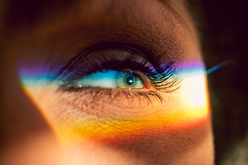 A spectrum of light in different colours hitting the eye