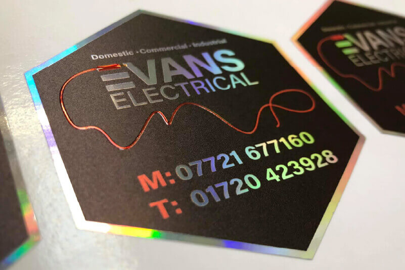 Business stickers printed on holographic vinyl