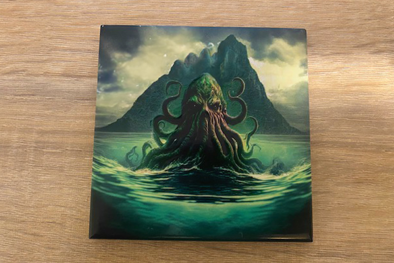 A coaster with the gloss ink sea creature printed on it