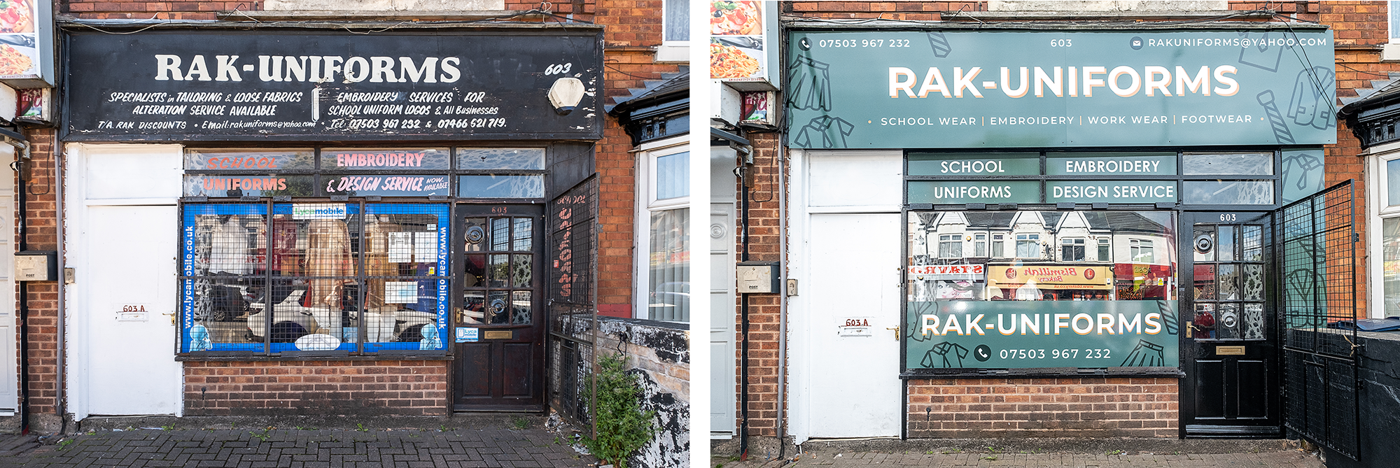 Before and after view of Rak Uniforms' shopfront