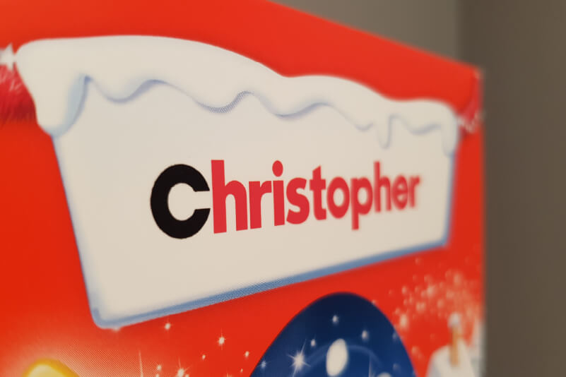 Close-up of a personalised packaging box.