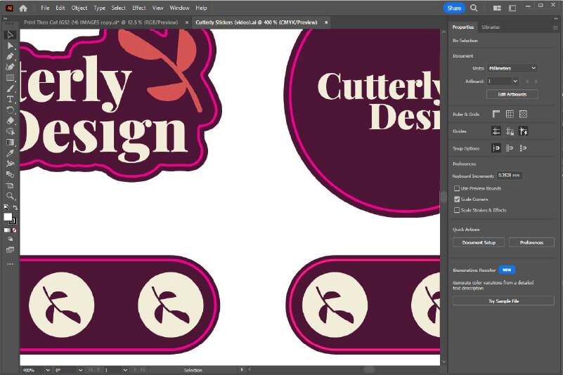 Sticker design in Adobe Illustrator with cut lines and bleed area