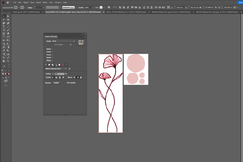 A view of the artwork in Adobe Illustrator and the CutStudio plugin