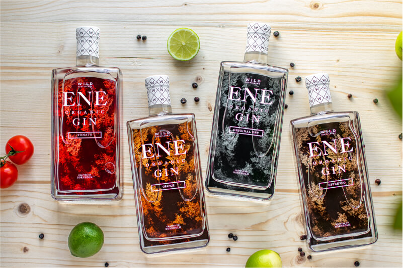 Gin varieties from Wild Distillery featuring labels printed in-house