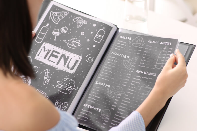 A custom-printed restaurant menu