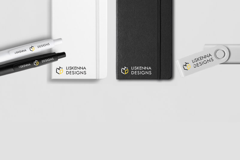 Printed promotional notebooks, pens and USB keys