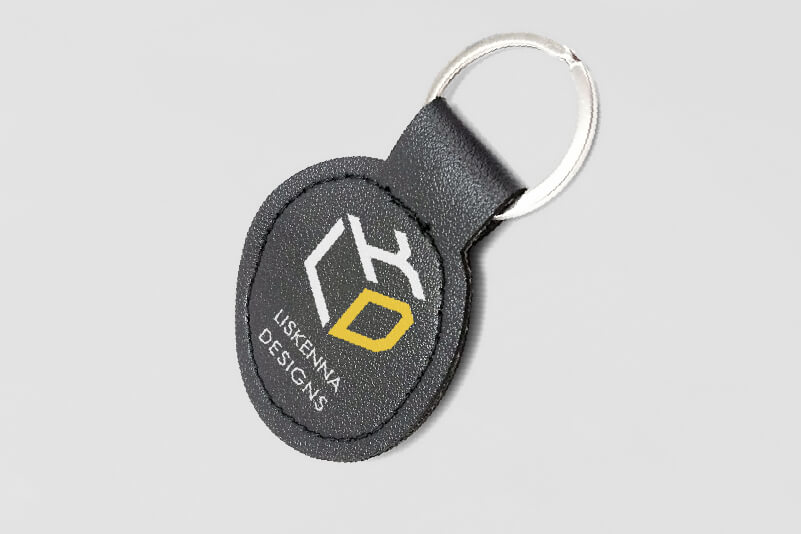 Leather key fob with a company logo printed onto it