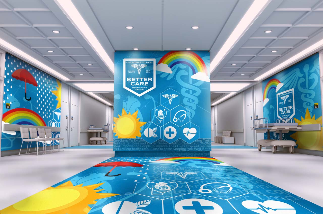 Printed wall and floor graphics in a hospital