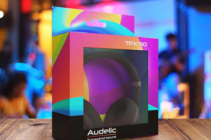 Product packaging for a headphone brand