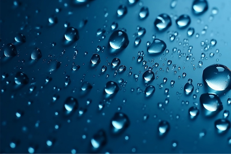 Gotas de agua sobre una superficie azul impresa con tinta barniz