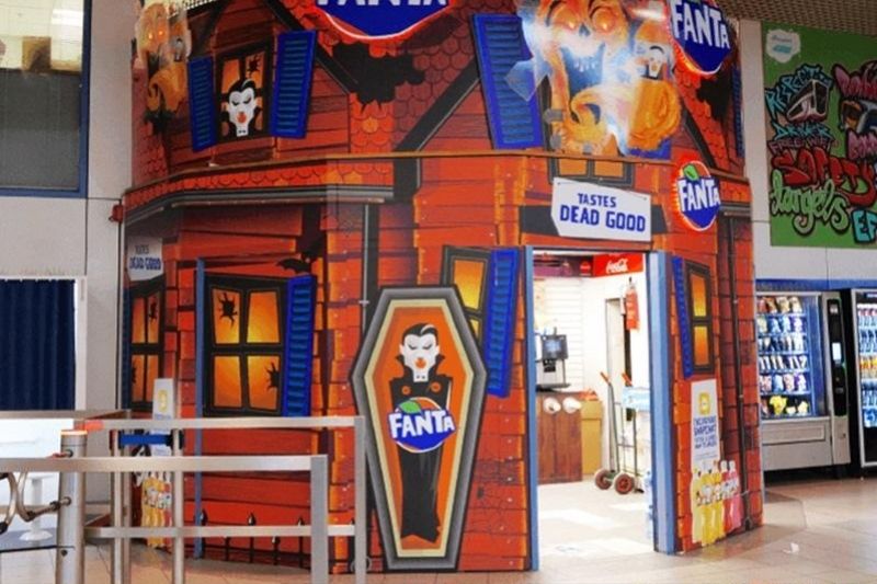 Fanta pop-up display created by Roland printer user Vinehall Displays in a bus station