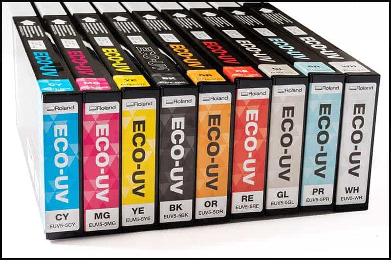 Full set of Roland DG ECO-UV EUV5 ink cartridges, staggered colours cyan, magenta, yellow, black, orange, red, gloss, primer and white