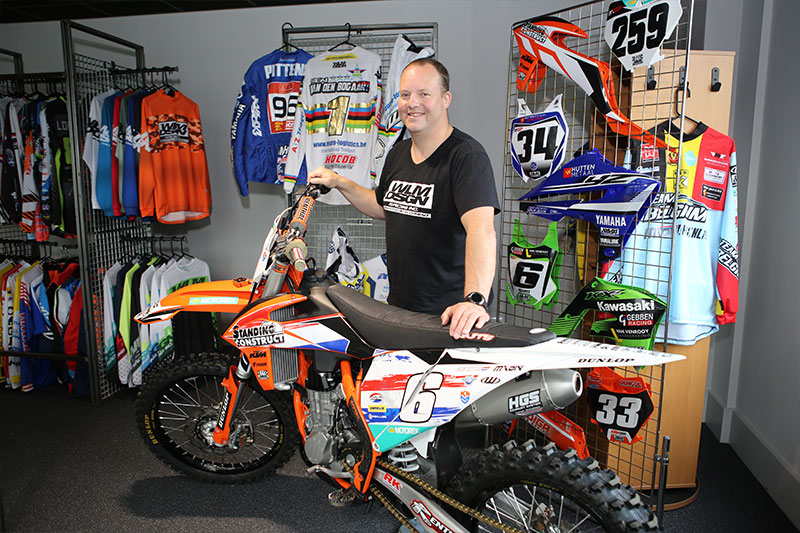 Wisja Lamers in the showroom of WLM Design with the motocross bike on which Glenn Coldenhoff was victorious in the 2019 Motocross of Nations. "MX stickers have to take a beating," says Lamers.