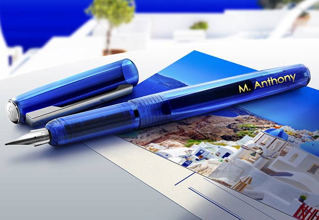 blue fountain pen with name decorated in gold foiling