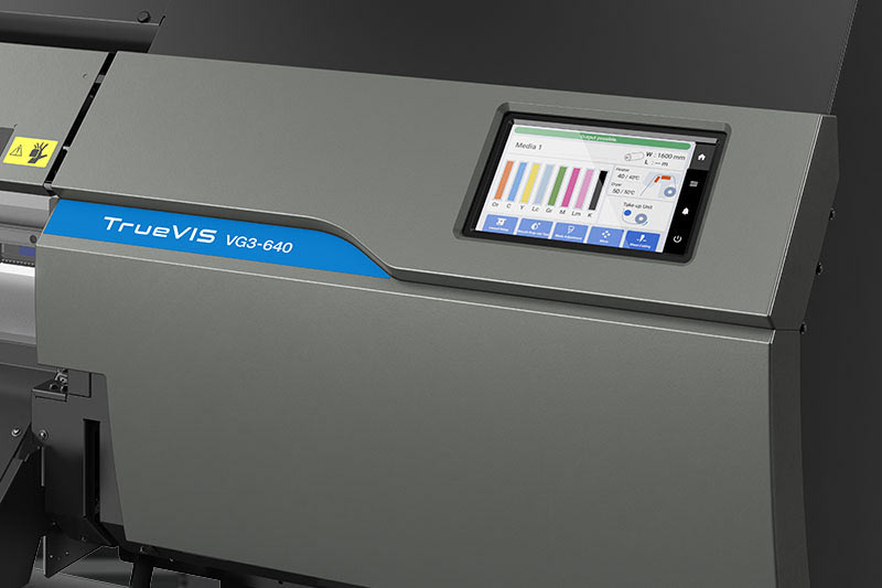 Impressora VG3 com grande plano do painel de controlo