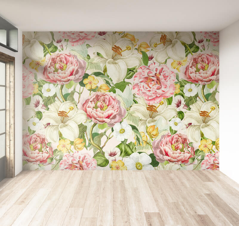 Illustration d’un exemple de papier peint haut de gamme avec motif floral imprimé à l'aide d'encres à résine aqueuses